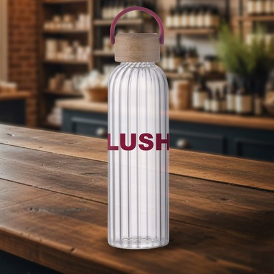 21 oz Glass Bottle with Inner Stripe with Easy Carry Bamboo Lid